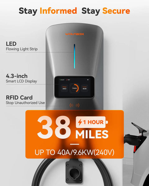 Level Up Your Daily Drive With This Badass 40 Amp Level 2 EV Charger Featuring Nema 14-50 Plug J1772 Connector Smart WiFi App. Display and RFID info.
