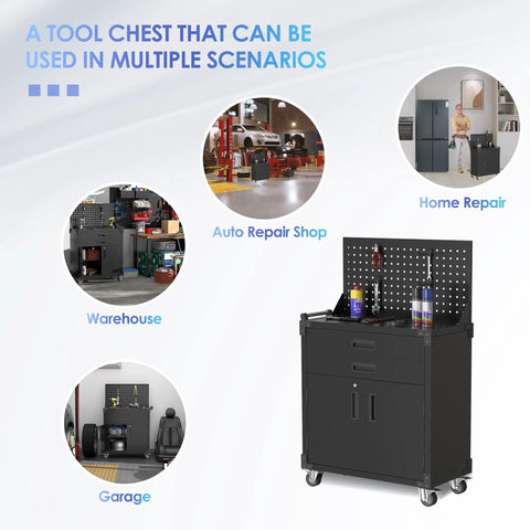 Heavy Duty Black Tool Cart On Wheels With Pegboard And 4 Hooks, Garage Storage Cabinet With Two Drawers And Lockable Doors