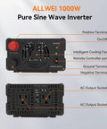 Close-up of Pure Sine Wave Inverter 1000W Continuous Power With 2000W Peak, showing DC inputs, cooling fan, and AC sockets.