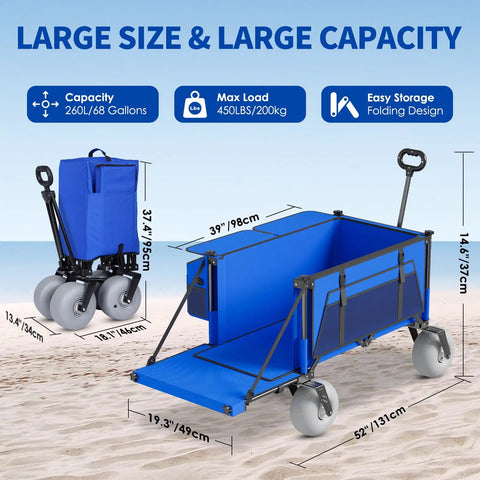 Heavy Duty Beach Wagon With Big Wheels For Sand 450 Lb Load Foldable Cart With 9 Inch All Terrain Inflatable Tires open and folded