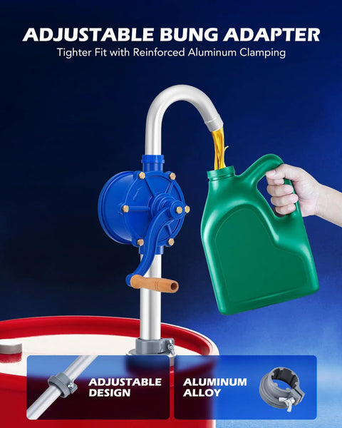 Heavy Duty Hand Crank Drum Pump Uses Adjustable Telescoping Suction Tube To Handle Five To Fifty Five Gallon Drums For Fast Oil And Fuel Swaps Zero Drama Guaranteed with adjustable bung adapter.