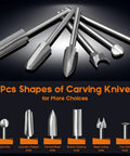 Heavy Duty Wood Carving Drill Bits Set With Rotary Tool Compatibility Six Piece Engraving Kit showing six tungsten steel carving knives for precision use.