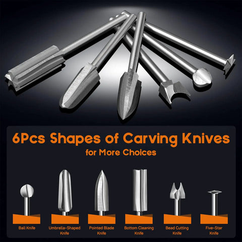 Heavy Duty Wood Carving Drill Bits Set With Rotary Tool Compatibility Six Piece Engraving Kit showing six tungsten steel carving knives for precision use.