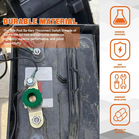 Heavy Duty Side Post Battery Disconnect Switch with green handle and brass components mounted on a vehicle battery.