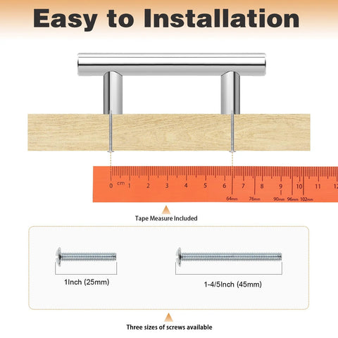 Easy installation guide with Five Pack Polished Chrome Round T Bar Cabinet Pulls, 4 Inch Total Length, with screws and tape measure included.