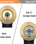 Close-up of two grinding disc attachments from Five Piece Wood Carving Disc Set For Angle Grinders With Five Eighth Inch Arbor Carbon Steel Grinding Wheels Pro Grade