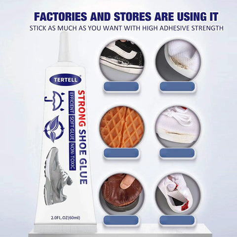 Tube of Shoe Glue Repair Adhesive For Sneakers And Boots Waterproof Clear Quick Dry Strong Bond 60ml with example repairs