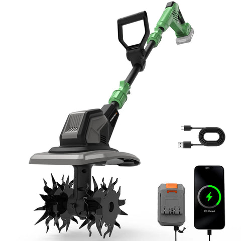 20V Cordless Garden Tiller Cultivator With 4 By 12 Steel Tines, 8 Inch Till Depth, Battery Powered, Lightweight, High Torque Power