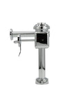 Heavy Duty Exposed Hardwired Sensor Flush Valve With No Hassle Wiring And Tough As Nails Diaphragm For Commercial Restrooms And 1 28 Gallons Per Flush Chrome side view showing chrome finish and mounting features.