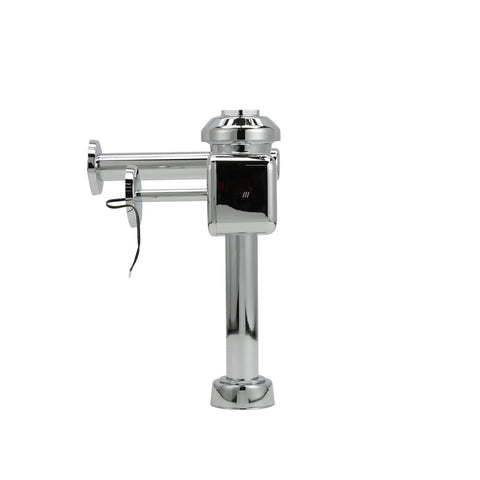 Heavy Duty Exposed Hardwired Sensor Flush Valve With No Hassle Wiring And Tough As Nails Diaphragm For Commercial Restrooms And 1 28 Gallons Per Flush Chrome side view showing chrome finish and mounting features.