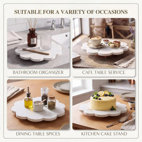 10 Inch Scalloped Marble Lazy Susan Hella Smooth Spinning Kitchen Turntable For Spices Oils And Condiments on a wooden table.