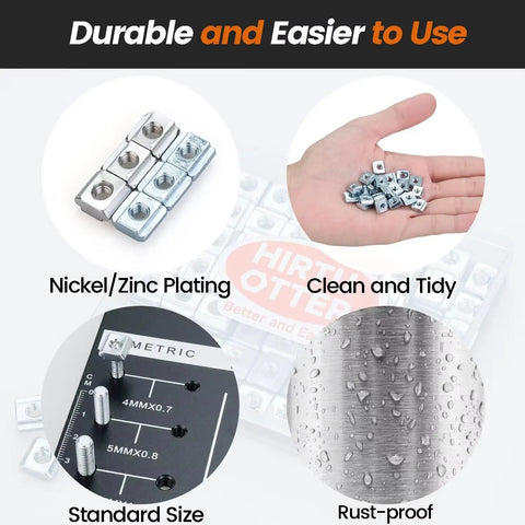 Must Have 50 Pack M4 Sliding T Nuts For 2020 2040 2060 Aluminum Extrusion Zinc Plated Blue White Finish Visible in Hand and Close-up