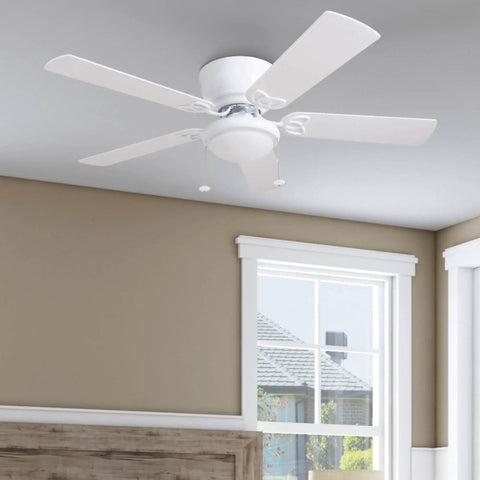 52 Inch Indoor Ceiling Fan With Light And LED Flush Mount 5 Blade Style in white installed in large room with window view.
