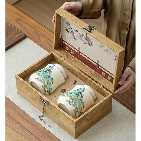 Vintage Airtight Ceramic Double Tea Canisters For Loose Leaf Coffee Beans And Spices inside a wooden box with decorative design.