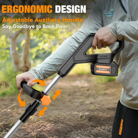 Person using the Upgraded Cordless Garden Tiller With Dual 2.0Ah Batteries, ergonomic handle design, in a garden.