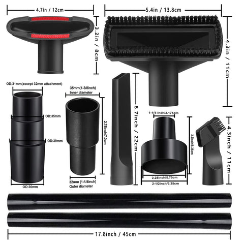 Universal Vacuum Attachment Kit For Vacuum Cleaners And Wet Dry Vacuums showing nozzles and hoses with measurements.