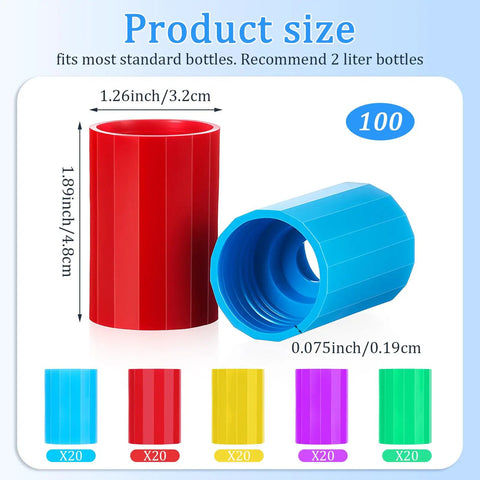 Tornado Bottle Connectors Kit For Demonstrations And DIY Science Experiments, Vortex Tubes In 5 Colors, 100 Pcs Compatible With Most PET Bottles, Great For Teaching Labs And Fun Home Experiments, Strong Long Lasting Vortex shown with product size and colors
