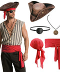 Badass Five Piece Pirate Costume Accessory Set For Men With Faux Leather Tricorn Hat Red Bandana Sash Classic Black Eye Patch And Vintage Gold Plated Medallion Legit Halloween Crew Night Gear, featuring hat, eye patch, earrings, and scarves.