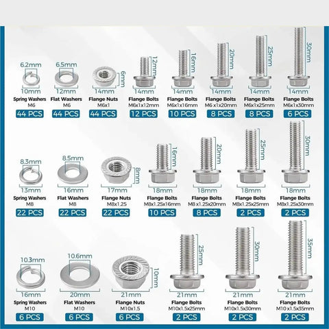 Heavy Duty 304 Stainless Steel Flange Bolts And Nuts Kit For Furniture, corrosion resistant fasteners, various sizes displayed