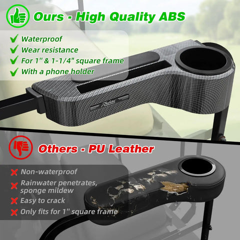 Golf Cart Rear Seat Armrests With Cup Holder And Phone Mount For EZGO Club Car Yamaha, showing waterproof ABS frame vs. PU leather