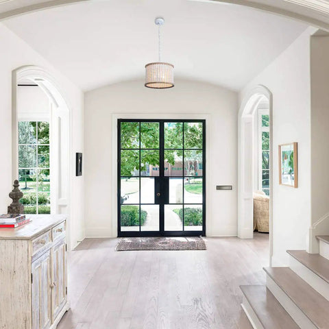 Entryway with Bohemian Wood Beaded Chandelier Three Light Pendant With White Finish, Rustic Boho Style Lighting