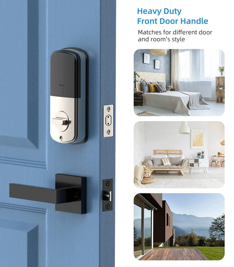 Front Door Handle Set Matte Black Exterior Interior Entry Lever Handleset with Century Trim installed on blue door