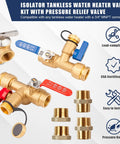 Essential Tankless Water Heater Valve Kit With No Sweat Pressure Relief Valves And Quick Connect Npt Adapter Fittings, lead-free brass.