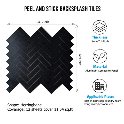 Black Peel And Stick Herringbone Backsplash Tiles For Kitchen And Bathroom Aluminum Self Adhesive Wall Tiles Waterproof Heat Resistant Up To 190 Fahrenheit Easy To Cut With Jigsaw 12 Sheets with size and material details.