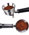 Stainless Steel Espresso Dosing Funnel for 58mm Portafilter Mess Free Coffee Dosing Ring shown attached with coffee grounds inside.