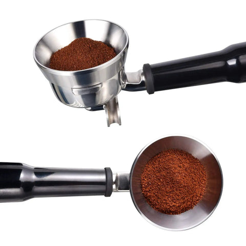 Stainless Steel Espresso Dosing Funnel for 58mm Portafilter Mess Free Coffee Dosing Ring shown attached with coffee grounds inside.