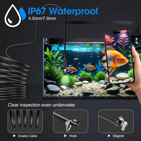 Endoscope With Light 1920P HD Borescope With 7.9mm Ultra Thin Probe And 8 LED Lights, IP67 waterproof in aquarium