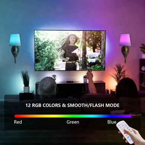 Vintage Wireless Wall Sconce Set Of Two Rechargeable Gold Led Accent Lamps With Fifteen RGB Mood Tones Zero Cord Hassle Super Easy Mount For Living Room Vibe with blue and purple glow beside TV