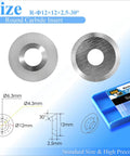 Diagram and package of 12mm Round Tungsten Carbide Inserts Set For DIY Wood Lathe Turning And Hollowing Tools Pro Grade Rugged High Strength Indexable Cutters Finisher And Knife Style 30 Degree Cutting Angle 0.178 Inch Mounting Holes 10 Pc
