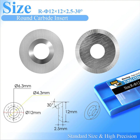 Diagram and package of 12mm Round Tungsten Carbide Inserts Set For DIY Wood Lathe Turning And Hollowing Tools Pro Grade Rugged High Strength Indexable Cutters Finisher And Knife Style 30 Degree Cutting Angle 0.178 Inch Mounting Holes 10 Pc