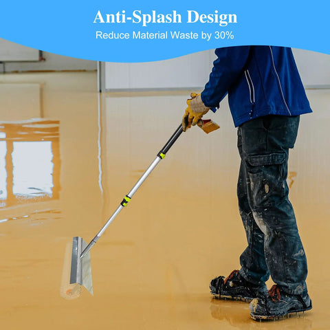Person using 20 Inch Spiked Roller Kit With Adjustable Handle on epoxy floor for bubble removal and self leveling