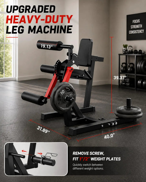 All-In-One Leg Extension And Curl Machine With 700 Lbs Capacity For Home Gym in red and black with heavy-duty steel frame.