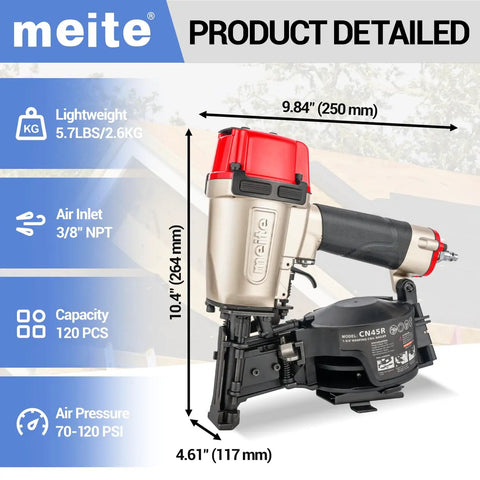Lightweight Pneumatic Roofing Nailer 15 Degree Coil Nail Gun Slides Between Rafters Without Killing Your Shoulders Handles Asphalt Shingles Like A Champion For Brutal Steep Roof Days with dimensions and specifications.