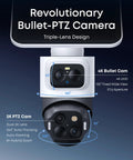 Close-up view of the dual 4K bullet and 2K PTZ lenses of the 4K Solar Wireless Outdoor Security Camera With Triple Lens Bullet PTZ.