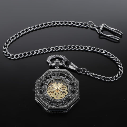 Vintage Hand Winding Mechanical Pocket Watch For Men With Chain And Gift Box, Black Finish, Arabic Numeral Dial