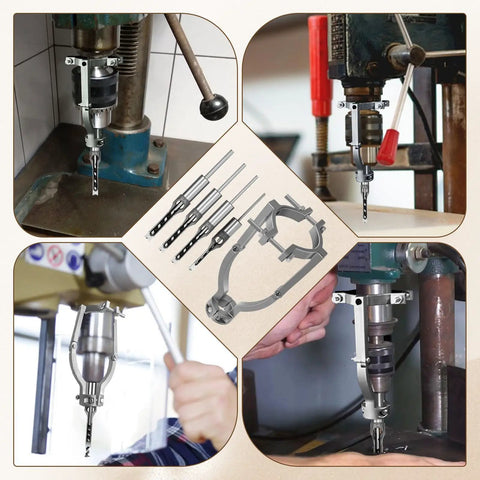 Square Hole Drill Bit And Mortiser Chisel Set For Drill Press with precision adapter and four chisels for woodwork tasks.
