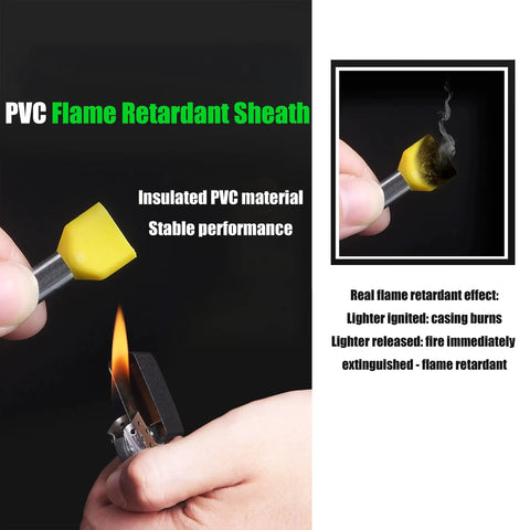 PVC insulated 500 Pcs Double Wire Ferrules Kit Pro Grade Twin Ferrule Connectors For AWG 14-22 Copper Tin Plated shown with flame test.