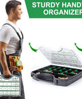 Man holding organizer with Grade 8.8 Metric Bolt And Nut Kit With M4 M5 M6 M8 Bolts Yellow Zinc Plated 907pc set