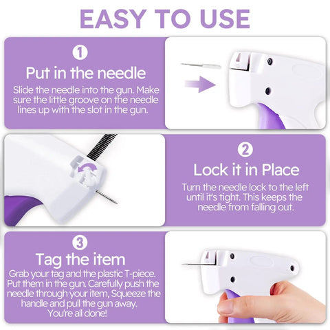 Easy steps to use Handheld Tagging Gun For Clothing And Quick Stitch Gun Kit With 6 Needles 2000 Fasteners In Black White