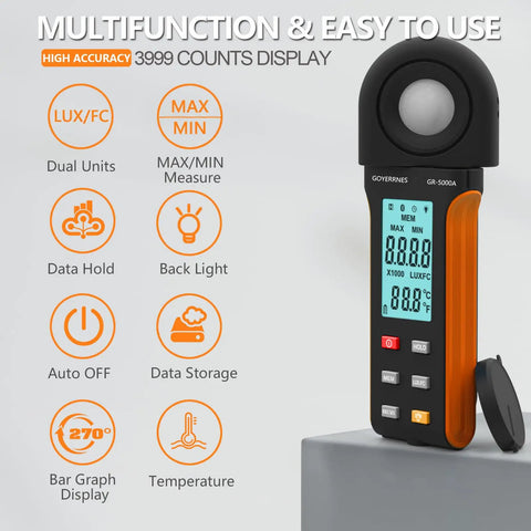 Illuminance Light Meter Digital Lux Meter 0.1 To 400000 Lux 270 Degree Rotatable Detector For Plants LED Grow Lights Indoor Outdoor For Photography And Home Use Pro Grade High Accuracy, black handheld unit