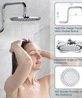 Rainfall And Handheld Shower System With Dope Spa Vibe Temperature Balanced Valve, showering woman in rustproof chrome finish