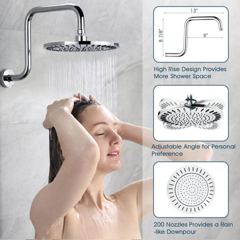 Rainfall And Handheld Shower System With Dope Spa Vibe Temperature Balanced Valve, showering woman in rustproof chrome finish