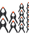 Heavy Duty Nylon Spring Clamp Set With Adjustable Jaw Pads, 14-Piece Kit displayed in four sizes for various projects.