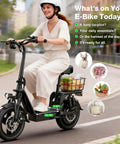 Woman riding All Terrain Electric Scooter With Seat For Adults 1600W Peak Power 42 Mile Range 20 MPH Top Speed 14 Inch Off Road Tires, groceries in basket