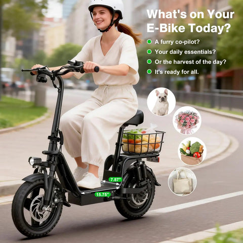 Woman riding All Terrain Electric Scooter With Seat For Adults 1600W Peak Power 42 Mile Range 20 MPH Top Speed 14 Inch Off Road Tires, groceries in basket