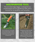 Prospector's Serrated Edge Digger Compact Shovel Trowel For Gardening And Metal Or Gold Prospecting And Detecting Includes Belt Loop Sheath With Oversized Comfort Grip And Carbon Steel Build displayed on grass and soil background
